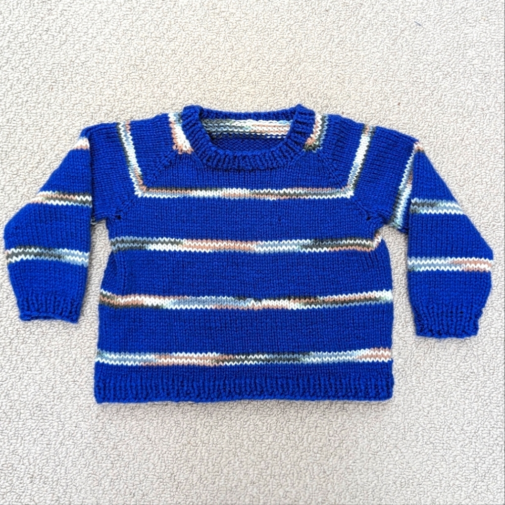 Handmade Knit 5/6 Children's Blue Striped Knit Unisex Small Pullover Sweater